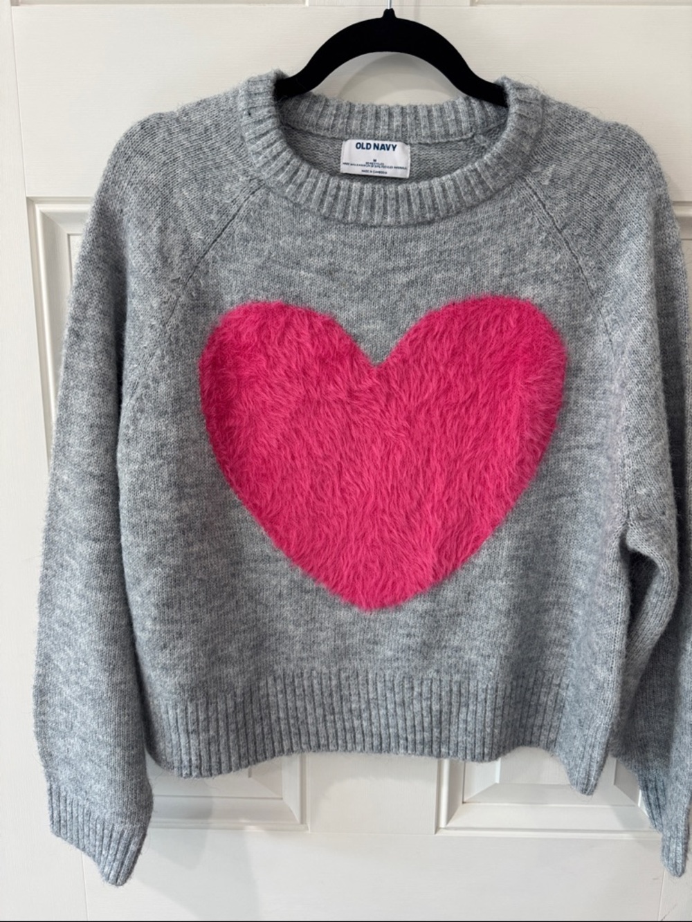 Old Navy Gray Crewneck Sweater with Pink Fuzzy Heart